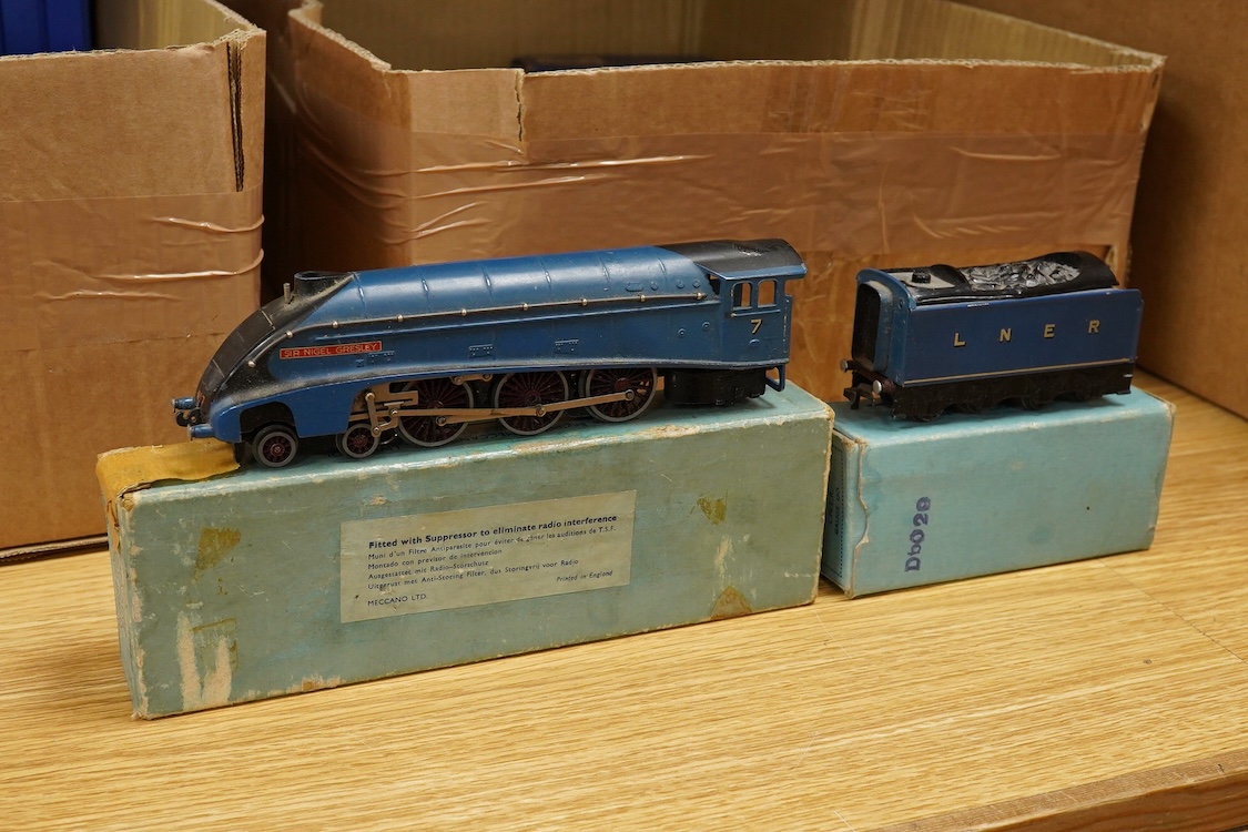 A collection of Hornby Dublo railway for 3-rail running, including three boxed locomotives; an LNER class A4 4-6-2 tender locomotive, Sir Nigel Gresley 7 (EDL1), a BR Duchess of Montrose 46232 (EDL12), and a BR class N2